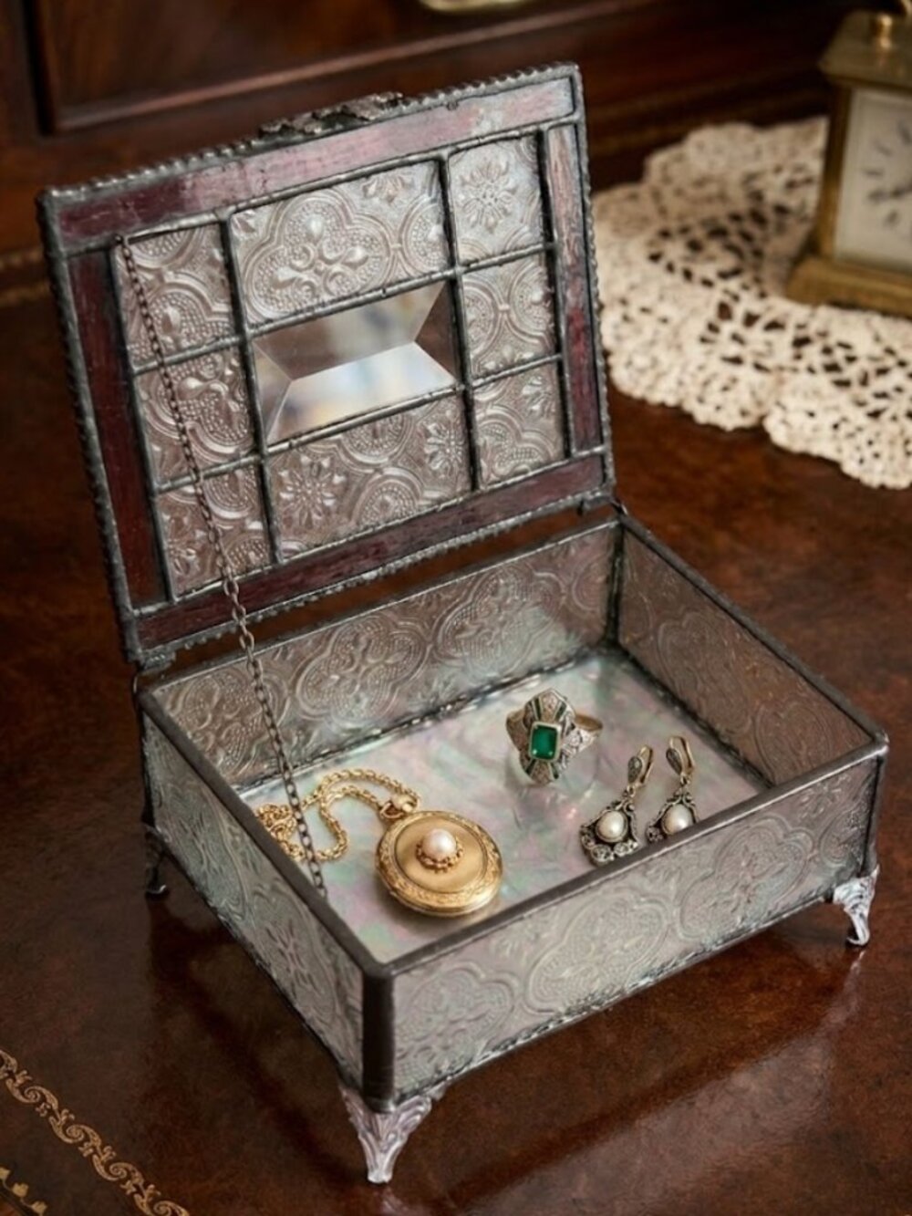 J. Devlin Glass Art Trinket Box Stained Glass Iridescent Jewelry Keepsake